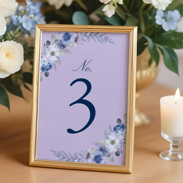 Numeração De Mesa Azul Francês e Floral de Aguarela Lavanda (French Blue & Lavender Watercolor Floral Lavender Table Number)