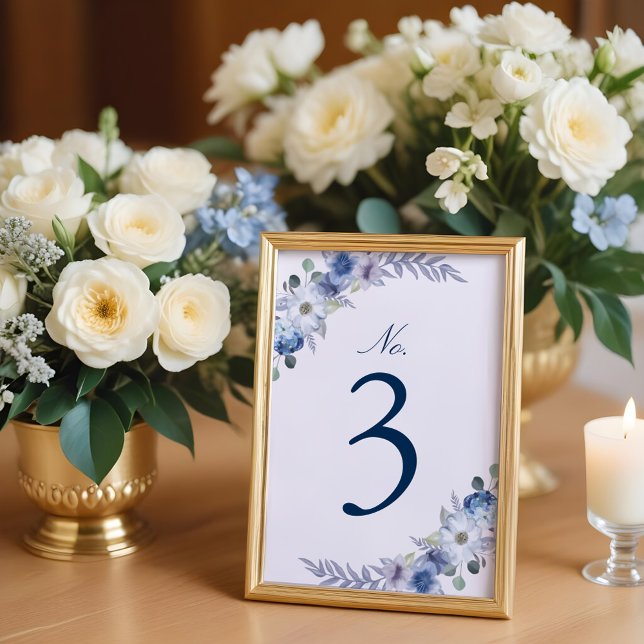 Numeração De Mesa Azul francês e Lavanda Aquarela Floral Branco (French Blue & Lavender Watercolor Floral White Table Number)