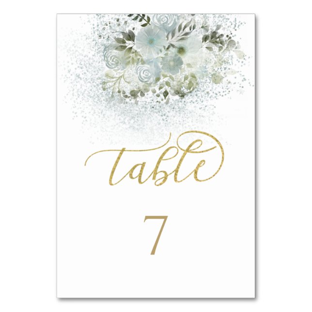 Numeração De Mesa Azul poeirento floral romântico dourado caligrafia (Frente)