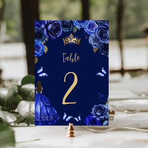 Numeração De Mesa Azul Real Escuro Dourado Floral Princesa Quinceañe