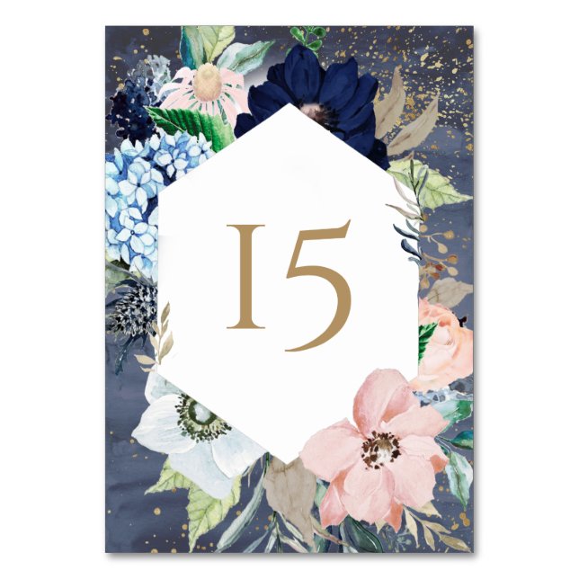 Numeração De Mesa Azul, Rosa Dourado, Aquarela Floral (Frente)