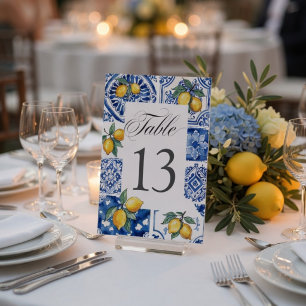Numeração De Mesa Azulejo Azul de Casamento de Limão Mediterrâneo