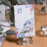 Numeração De Mesa Azulejos de aquarela | Grécia Wedding<br><div class="desc">Tragam a beleza da costa do Egeu para as vossas mesas de recepção com estes Azulejos de Watercolor | Cartões de Número de Tabela de Casamento de grécia. Apresentando uma ilustração pintada à mão das cúpulas azuis icônicas de Santorini, flores de bougainvillea e padrões de azulejo mediterrânicos, estas cartas misturam...</div>