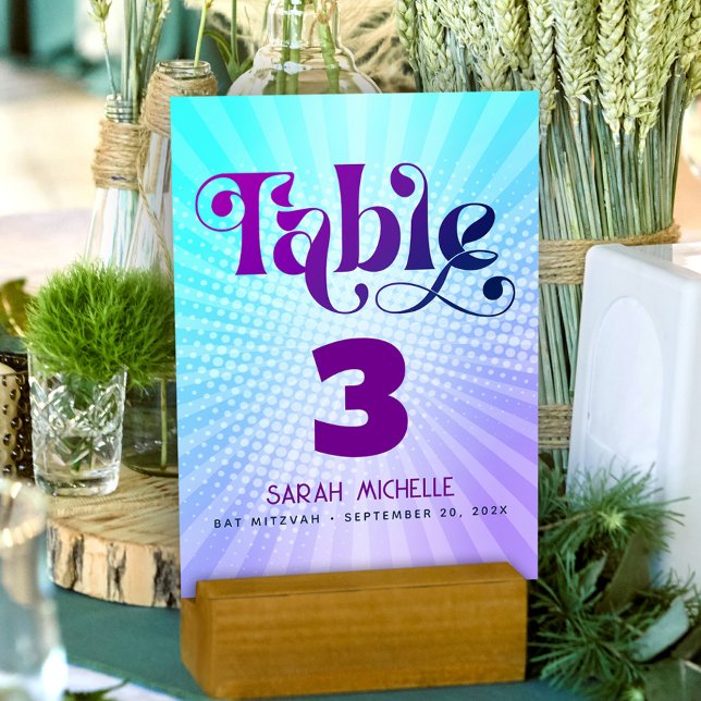 Numeração De Mesa Bat Mitzvah Bold Retro Boho Blue Roxo Gradiente (Criador carregado)