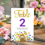 Numeração De Mesa Bat Mitzvah Modern Purple Gold Tree da Vida<br><div class="desc">Nenhuma festa do Bat Mitzvah está completa sem cartões de números de tabela personalizados. Deixe o seu Bat Mitzvah favorito se orgulhar, se regozijar e celebrar seu marco em seu partido perfeitamente coordenado. Esta sofisticada, chica, atordoante, abstrato gráfica faux gold foil tree com brilho púrpura, turquesa, lacre e azul Star...</div>