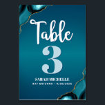 Numeração De Mesa Bat Mitzvah Modern Turquoise Agate Script<br><div class="desc">Nenhuma festa do Bat Mitzvah está completa sem cartões de números de tabela personalizados. Deixe sua filha se orgulhar, se regozijar e celebrar seu marco em seu partido perfeitamente coordenado. Script de caligrafia branca, tipografia azul-turquesa clara e branca, e rochas azuis-turquesas agatadas acentuadas com veias douradas falsas sobrepõem-se a um...</div>