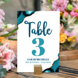 Numeração De Mesa Bat Mitzvah Modern Turquoise — Script de Agate Tea<br><div class="desc">Nenhuma festa do Bat Mitzvah está completa sem cartões de números de tabela personalizados. Deixe sua filha se orgulhar, se regozijar e celebrar seu marco em seu partido perfeitamente coordenado. Script de caligrafia azul-escuro, tipografia azul-turquesa e azul-lacre, e rochas azuis-turquesas acentuadas com veias douradas falsas sobrepõem-se a um fundo branco...</div>
