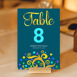 Numeração De Mesa Bat Mitzvah Teal Blue Gold Tree Life Moderna