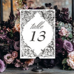 Numeração De Mesa Bat Vitoriano até Casamento Negro e Branco da Mort<br><div class="desc">Elevem seu casamento gótico com um número de mesa de casamento inspirado na Vitoriana que exude elegância e mistério do eterno. Projetado para se assemelhar a uma antiga ligação a livros, este design impressionante apresenta um arquivo preto e branco lacey, evocando o charme de uma era passada. Deixe sua história...</div>
