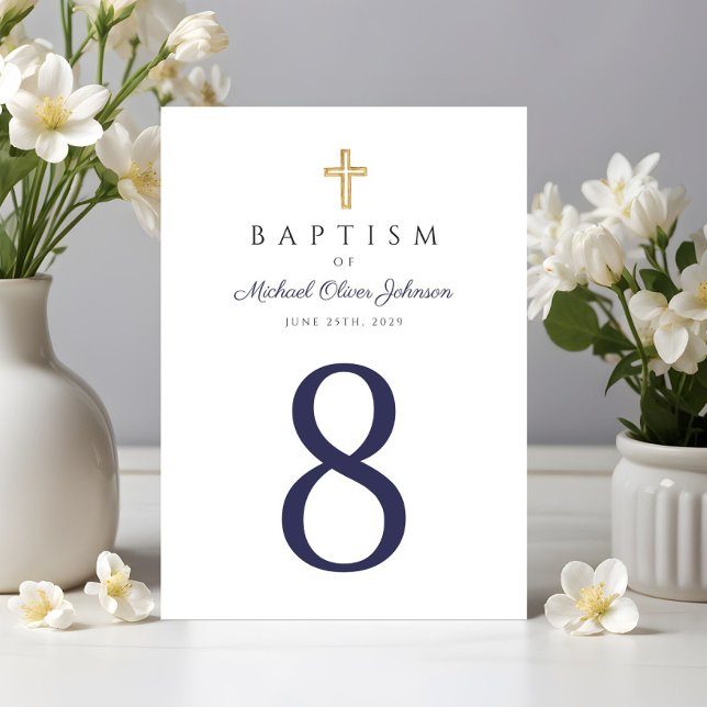 Numeração De Mesa Batismo Marinho Cruz Religioso (Religious Cross Navy Blue Boy Baptism Table Number)