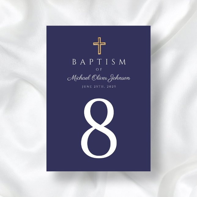 Numeração De Mesa Batismo religioso marinho Azul (Navy Blue Religious Cross Boy Baptism Table Number)