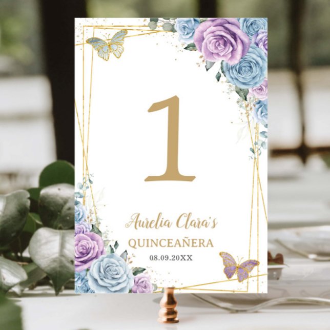 Numeração De Mesa Bebê Azul Lilac Quinceañera Dourada Floral Doce 16 (Criador carregado)