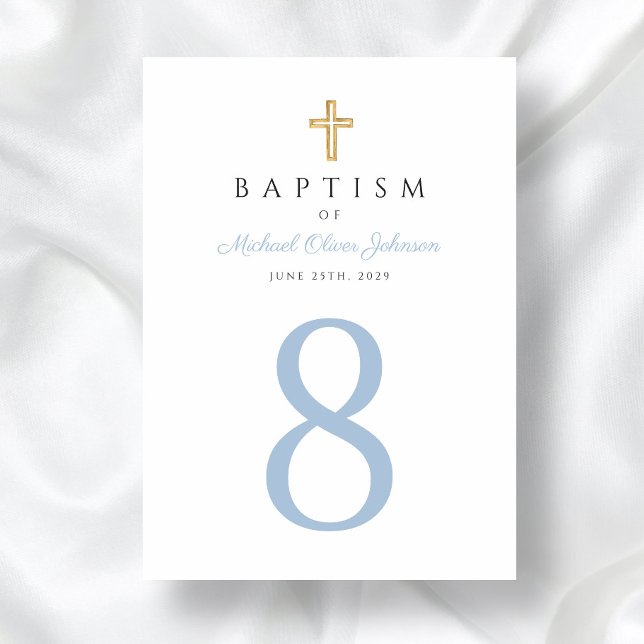 Numeração De Mesa Bebê Blue Script Religião Cross Boy Baptism (Religious Cross Baby Blue Boy Baptism Table Number)