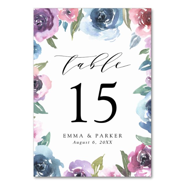 Numeração De Mesa Blooms à meia-noite | Casamento Floral Roxo e Azul (Frente)