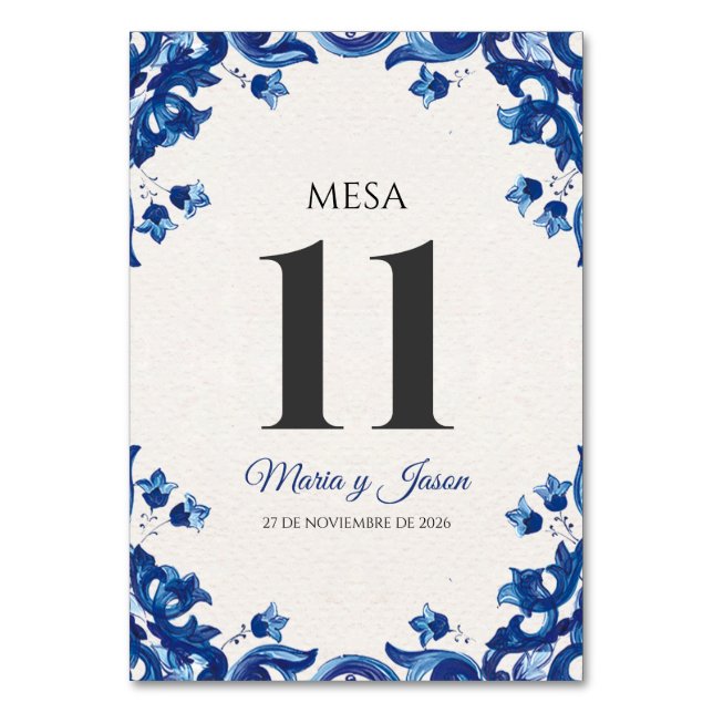 Numeração De Mesa Blue Floral Elegant Fiesta Spanish Wedding (Frente)