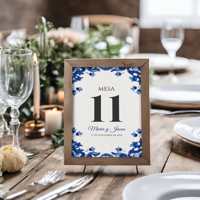 Numeração De Mesa Blue Floral Elegant Fiesta Spanish Wedding (Blue Floral Elegant Fiesta Spanish Wedding Table Number)