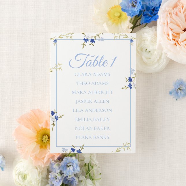 Numeração De Mesa Blue & Grey Floral Wedding Seating Chart Card (Criador carregado)