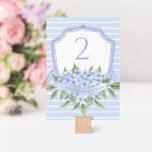 Numeração De Mesa Blue Hydrangea Watercolor Crest<br><div class="desc">Esta bela placa floral de números de mesa apresenta uma crista azul-aquarela com flores hydrangea e seu texto personalizado em ambos os lados do cartão. Use a modelo para preencher suas informações. O recurso "Personalizar mais" pode ser usado para alterar a fonte (tamanho, estilo, cor), adicionar mais linhas de texto...</div>