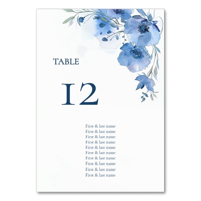Numeração De Mesa Blue Watercolor Flowers Seating Chart (Frente)