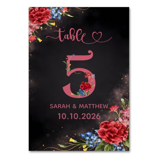 Numeração De Mesa Blush Floral Wedding Table Number 5 Card (Frente)