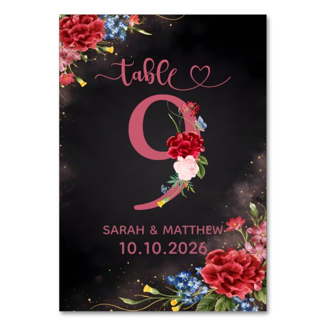 Numeração De Mesa Blush Floral Wedding Table Number 9 Card (Frente)