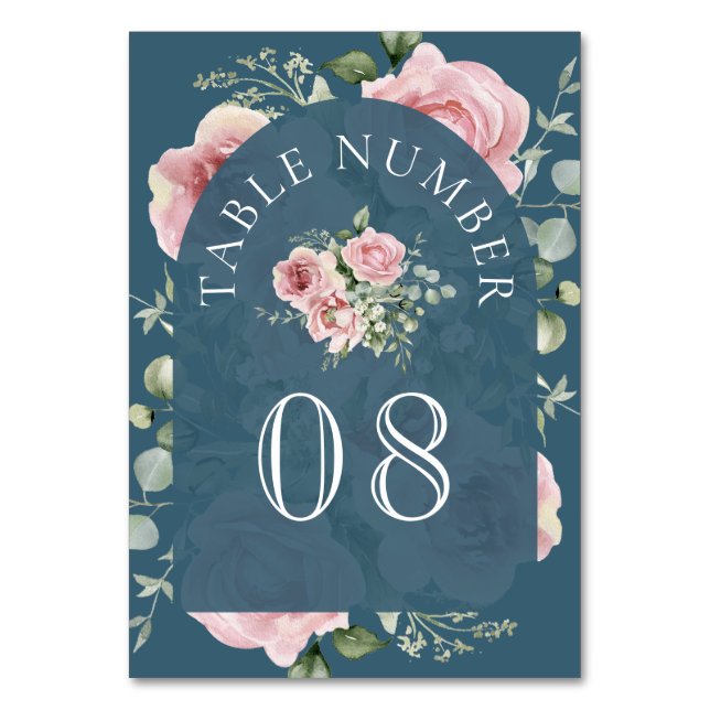 Numeração De Mesa Blush Pink Floral Eucalyptus Dusty Blue Wedding (Frente)
