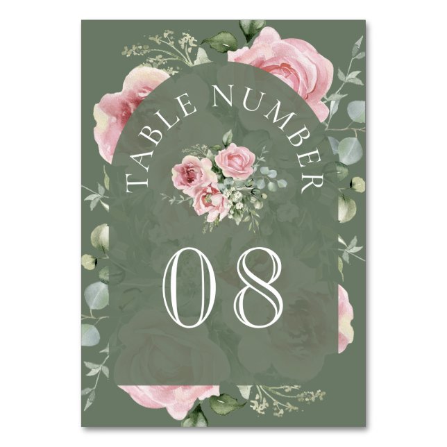 Numeração De Mesa Blush Pink Floral Eucalyptus Sage Green Wedding (Frente)