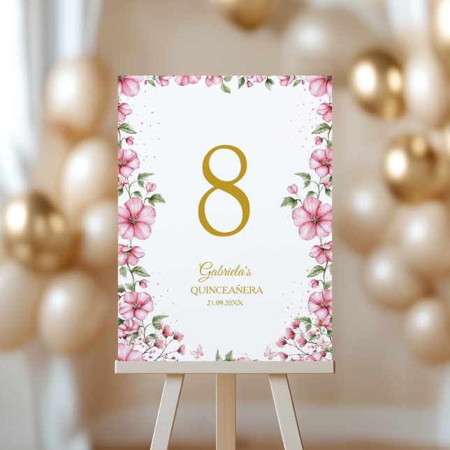 Numeração De Mesa Blush Pink Golden Floral Quinceañera  (Criador carregado)