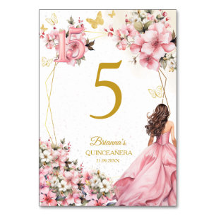 Numeração De Mesa Blush Rosa Floral Borboletas Douradas Quinceañera