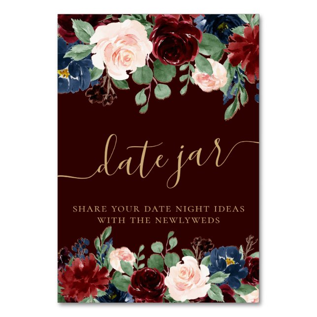 Numeração De Mesa Boho Bloom | Borgonha Escura e Marinho Azul Data J (Frente)