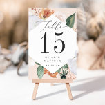 Numeração De Mesa Boho Blooms | Moderno Floral Personalizado<br><div class="desc">As placas de números florais de boho chic apresentam uma borda em forma de diamante de folhagem verde-aquática e flores em tons de pêssego, marfim e branco inspirados no deserto macio, moldando seu número de tabela em carvão rico. Personalize com seus nomes e data de casamento, ou nomeie cada mesa...</div>