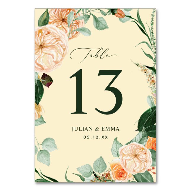 Numeração De Mesa Boho Botânico Amarelo Verde Floral Personalizado (Frente)