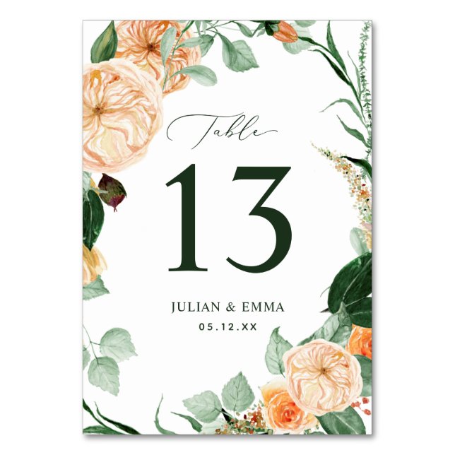 Numeração De Mesa Boho Botânico Verde Neutro Personalizado Floral (Frente)