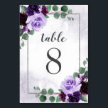 Numeração De Mesa Boho Floral Roxo e Casamento Prateado da Elegante<br><div class="desc">Apresenta prigos de eucalipto e outras folhas botânicas sobre uma borda prateada impressa que também é decorada com peonias elegantes,  rosas e outros elementos florais em vários tons claros e escuros de roxo. O fundo é uma lavagem de aquarela roxa empoeirada.</div>