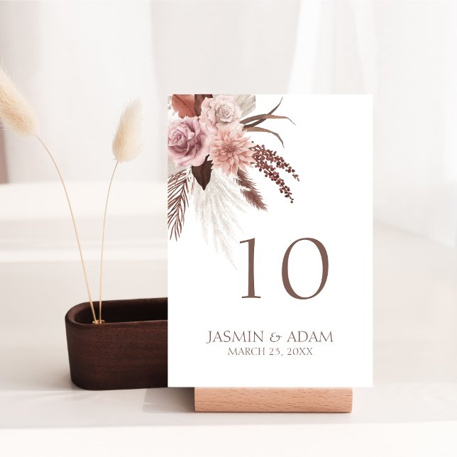 Numeração De Mesa Boho Pampas Grass Terracotta Casamento Floral (Boho Dusty Pink Dried Flowers Pampas Grass Wedding Table Number)