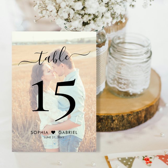 Numeração De Mesa Boho Script Heart Photo Wedding Double Sided (Criador carregado)