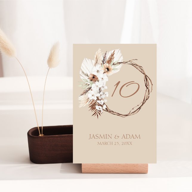 Numeração De Mesa Boho Terracotta Beige, Seco, Casamento Floral (Boho Terracotta Beige Dried Floral Wreath Wedding Table Number)