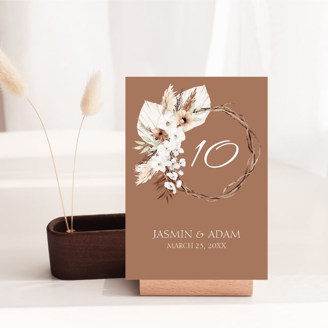 Numeração De Mesa Boho Terracotta Brown Casamento Floral Seco (Boho Terracotta Brown Dried Floral Wreath Wedding Table Number)