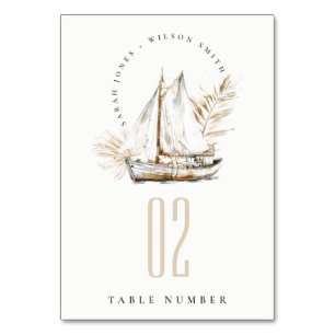 Numeração De Mesa Boho Watercolor Palm Sailboat Seascape Casamento