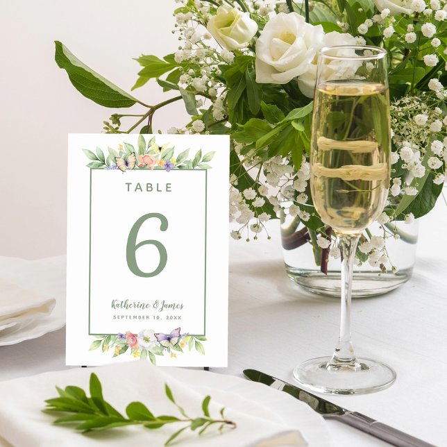 Numeração De Mesa Borboletas Florais em Aquarela para Casamento Verd (Watercolor Floral Butterflies Wedding Sage Green Table Number)