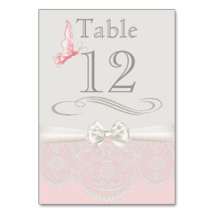 Numeração De Mesa Borboletas rosa e marfim e placa de Mesa de rendas