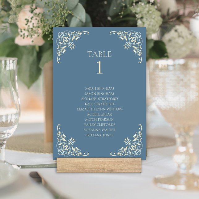 Numeração De Mesa Borda amarela amarela da manteiga azul empoeirada  (Elegant dusty blue and butter yellow table number card for romantic wedding reception with names)