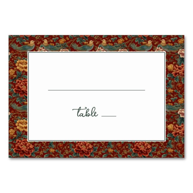 Numeração De Mesa Borda Sofisticada de Pássaro Floral Vermelho (Frente)