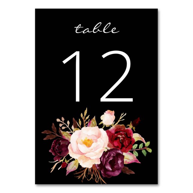 Numeração De Mesa Borgonha Marsala e Floral rosa 3- Preto (Verso)