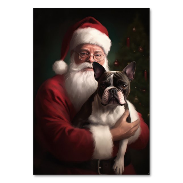 Numeração De Mesa Boston Terrier com Papai Noel Natal Festivo (Frente)