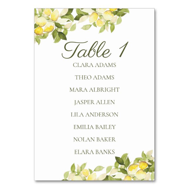 Numeração De Mesa Bright Lemon Fresh Numeric Seating Chart Card (Frente)