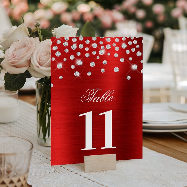 Numeração De Mesa Brilhantes Diamantes de Prata Falsa em Cetim Verme (Sparkly Faux Silver Diamonds Red Satin Foil Table Number)