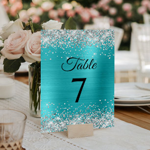 Numeração De Mesa Brilho Prateado Azul Turquesa Foil Elegante