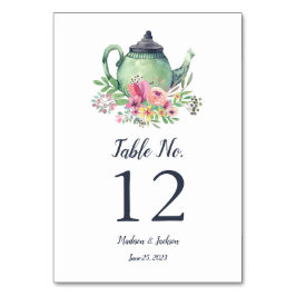 Numeração De Mesa Bule de Chá em Aquarela Casamento