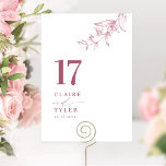 Numeração De Mesa Burgundia Botânica Mínima Chic, Casamento Rosa<br><div class="desc">Guie seus hóspedes para a mesa deles com este cartão elegante da mesa de casamento. Na moda e design simples com nomes para o lado, juntamente com o "e" na caligrafia moderna manuscrita. Delicado detalhe de canto botânico verde desenhado à mão em matizes cor-de-rosa e borrado. Por favor, faça um...</div>